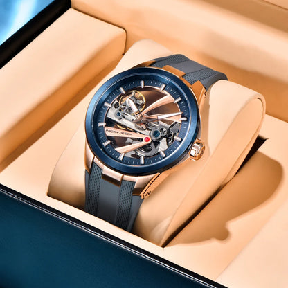 Herrklocka från PAGANI DESIGN – Mekanisk automatisk lyxmodell av typen ”skelett” (öppen mekanism), utrustad med en tourbillon, safirglas med antireflexbehandling, vattentät och självlysande.