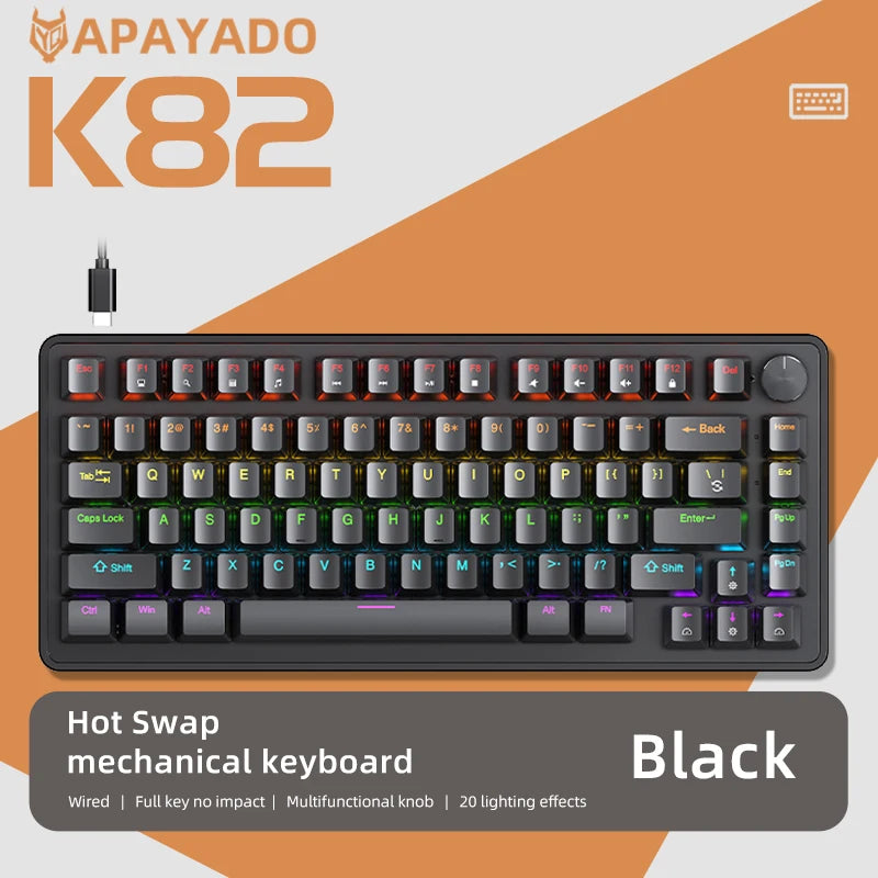 APAYADO 75% Gaming Keyboard Wired with Metal Knob, Hot-Swap K82 Black Mechanical Keyboard,ABS Transparent Character RGB