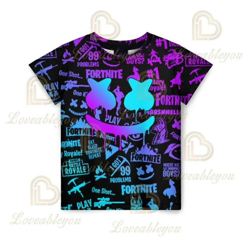 Fortnite T-Shirt für Erwachsene und Kinder, 3D-Digitaldruck, lockere Passform, große Größen, kurzärmeliges Sommer-Tee für Kinder