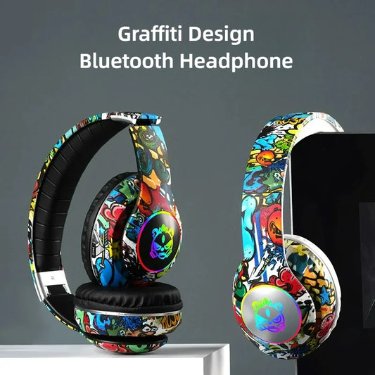 New Graffiti Wireless Overhead Headset with Mic LED Light LX-8686 High Quality TF Card Bluetooth Headphones for PC Gaming Child