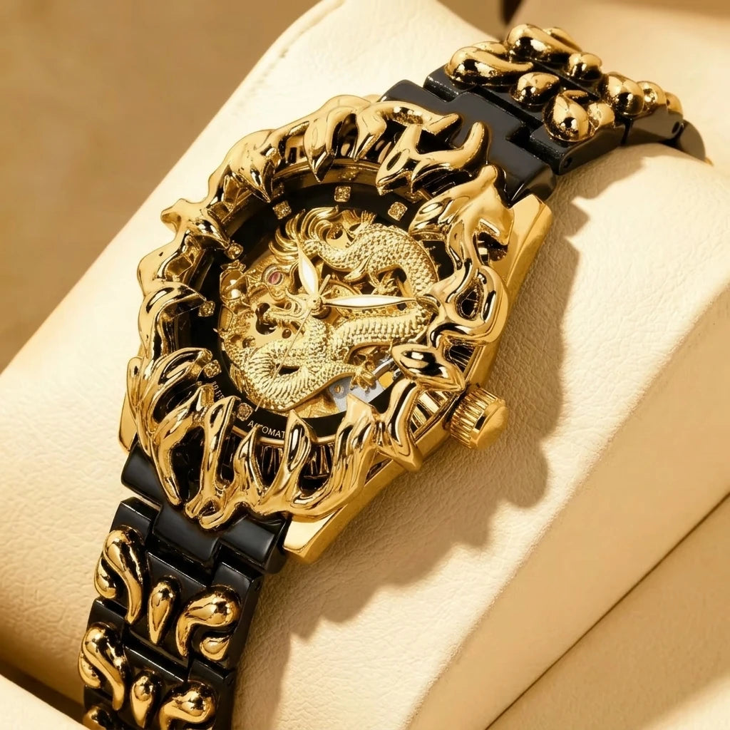 A men's yellow and black retro style classical irregular dragon patterned tourbillon mechanical watch