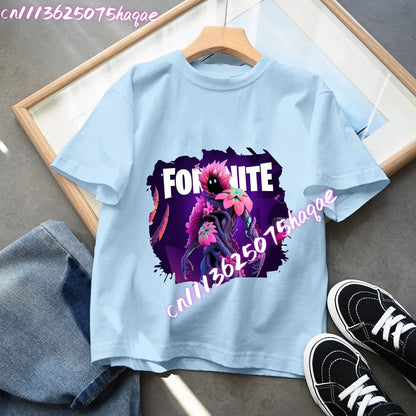 Fortnites Kids Blue Cotton T-Shirt Fortress Night Baby Short Sleeve Tees Shirt Cartoon Boy Girl Summer Clothes Kawaii Tops Gift