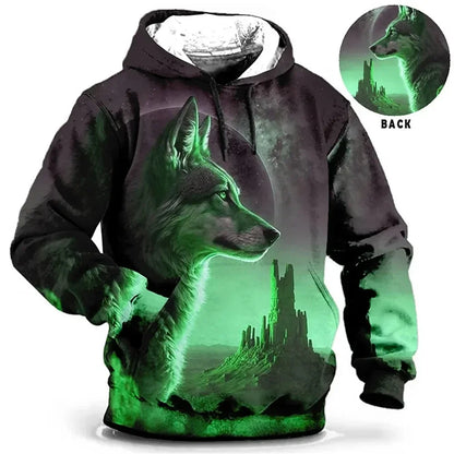 Vintage Hoodies for Men Wolf Animal Pattern 3D Print Eagle Leopard Tops Autumn Winter Casual Long Sleeve Oversized Tiger Hooded