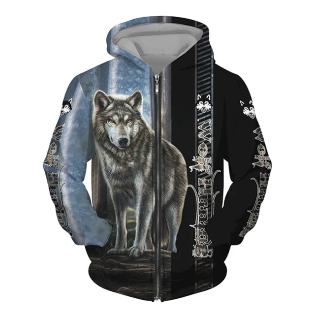 3D Wolf Print Men Zipper Hoodies Fashion Animal Pattern Top Coat Street Punk Style Oversized Sweatshirts Outdoor Leisure Jackets