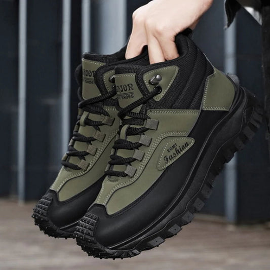 Men's Black and White Mid-Top Hiking Boots Waterproof Leather Platform Sneakers Non-Slip Outdoor Casual Shoes with Rugged Sole