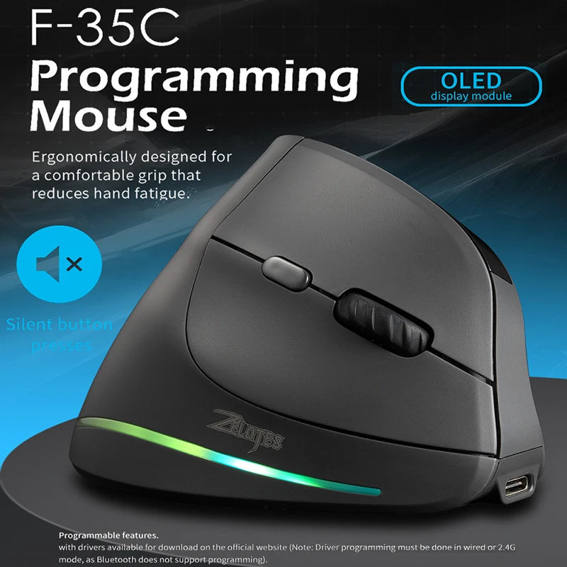 Rechargeable Wireless Vertical Mouse With Screen Display  Ergonomic Mice 6 Button Progammable Gaming Mouse for Gamer Desktop