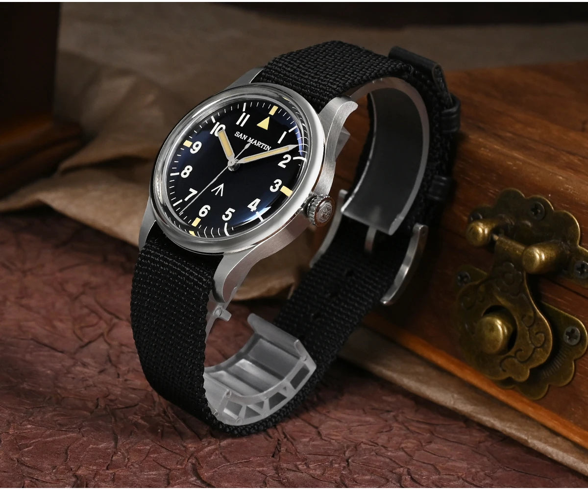 San Martin 36mm Men Pilot Watch VH31 Mechaquartz Movement Sweep Second Quartz Series Simple Style Nylon Strap 10 Bar Luminous