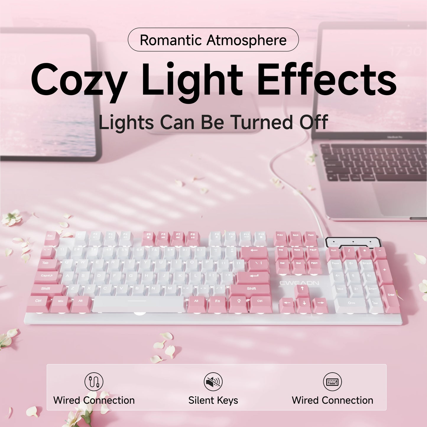 EWEADN Wired Pink White Keyboard, Full-Size Numpad, Quiet Keys, RGB Backlit Cute Design for Laptop/PC, Ideal for Work & Gaming
