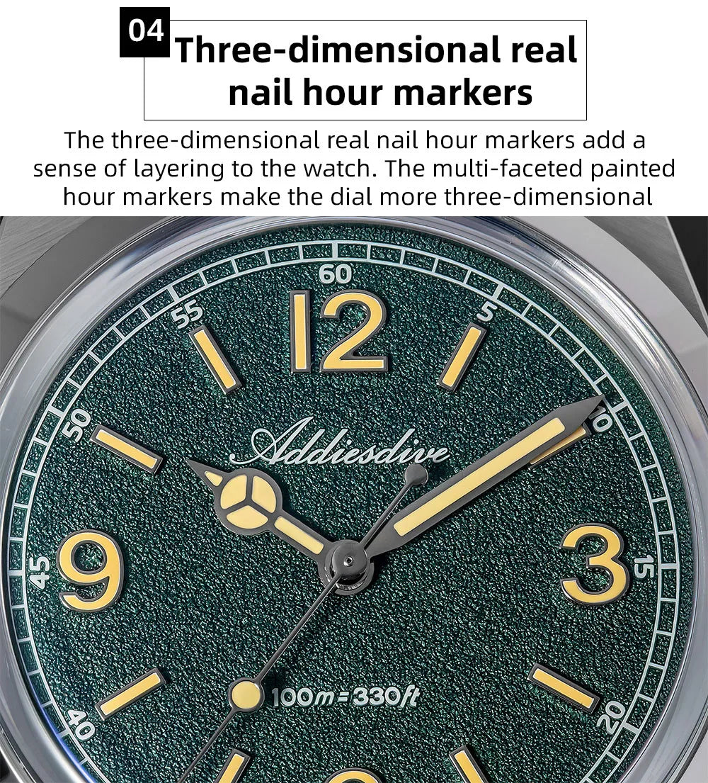 ADDIESDIVE 36mm Bestseller-Herrenuhr AD2518 mit gewölbtem Spiegelglas, 316L-Edelstahl, Herrenuhr, 100m wasserdichte Quarzuhr