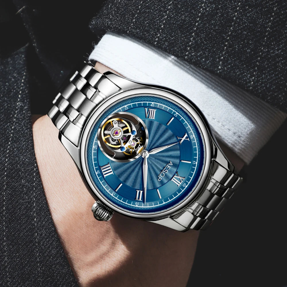 AESOP Mens Mechanical Wristwatches Flying Tourbillon Movement Skeleton Watch for Men Man Luxury Clocks Real Tourbillon Watch