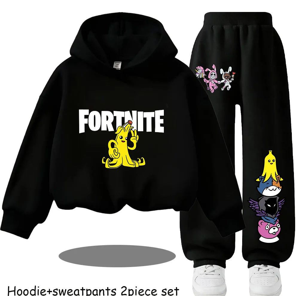 Fortnite Kinder-Set für Frühling und Herbst: langärmliges Kapuzen-Sweatshirt und Hose mit Gaming-Cartoon-Print für Jungen