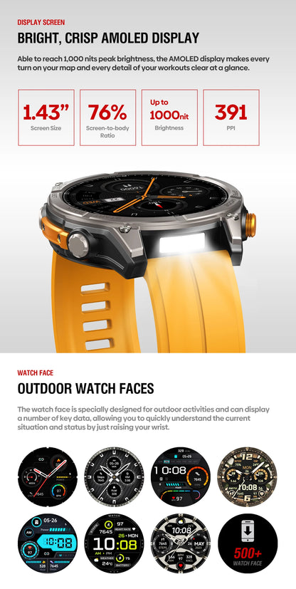 NEW Zeblaze Stratos 4 GPS Smart Watch 1.43 AMOLED Display Built-in Compass Barometric Altimeter Flashlight Voice Call Smartwatch