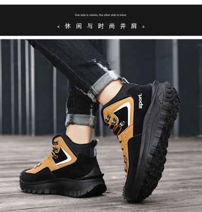 Black And Tan Mid Top Hiking Boots Suede And Leather Platform Sneakers Non Slip Outdoor Casual Shoes With Rugged Sole For All