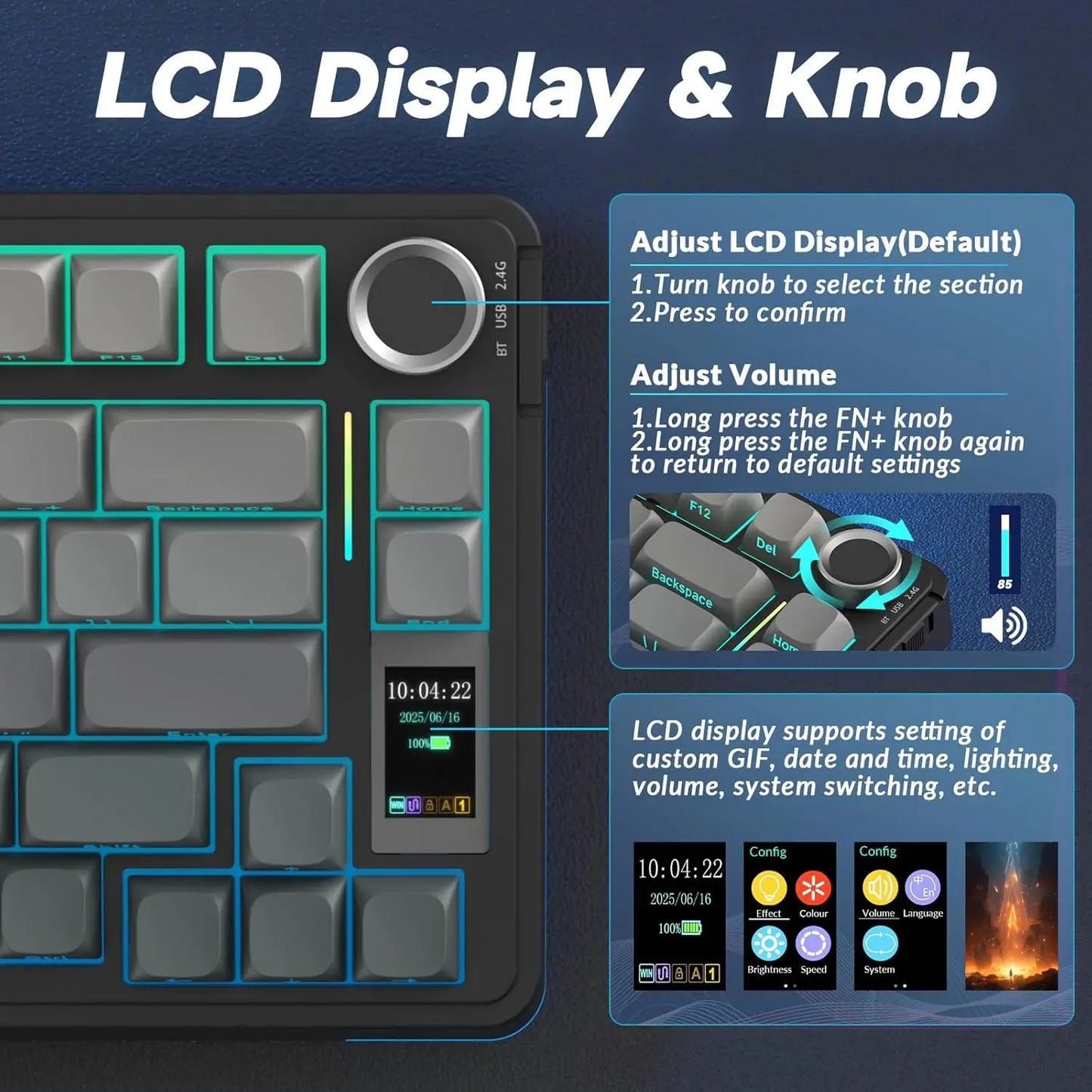 AULA S75 PRO Wireless Mechanical Keyboard with Screen Knob 75% Hot Swappable Gaming Keyboard with Pre-lubed Switches RGB Backlit