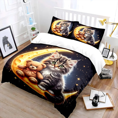 Cute Cat and Teddy on Moon Pattern Duvet Cover Set Digital Print Colorful Polyester Bedding with Zipper Closur for kids gifts