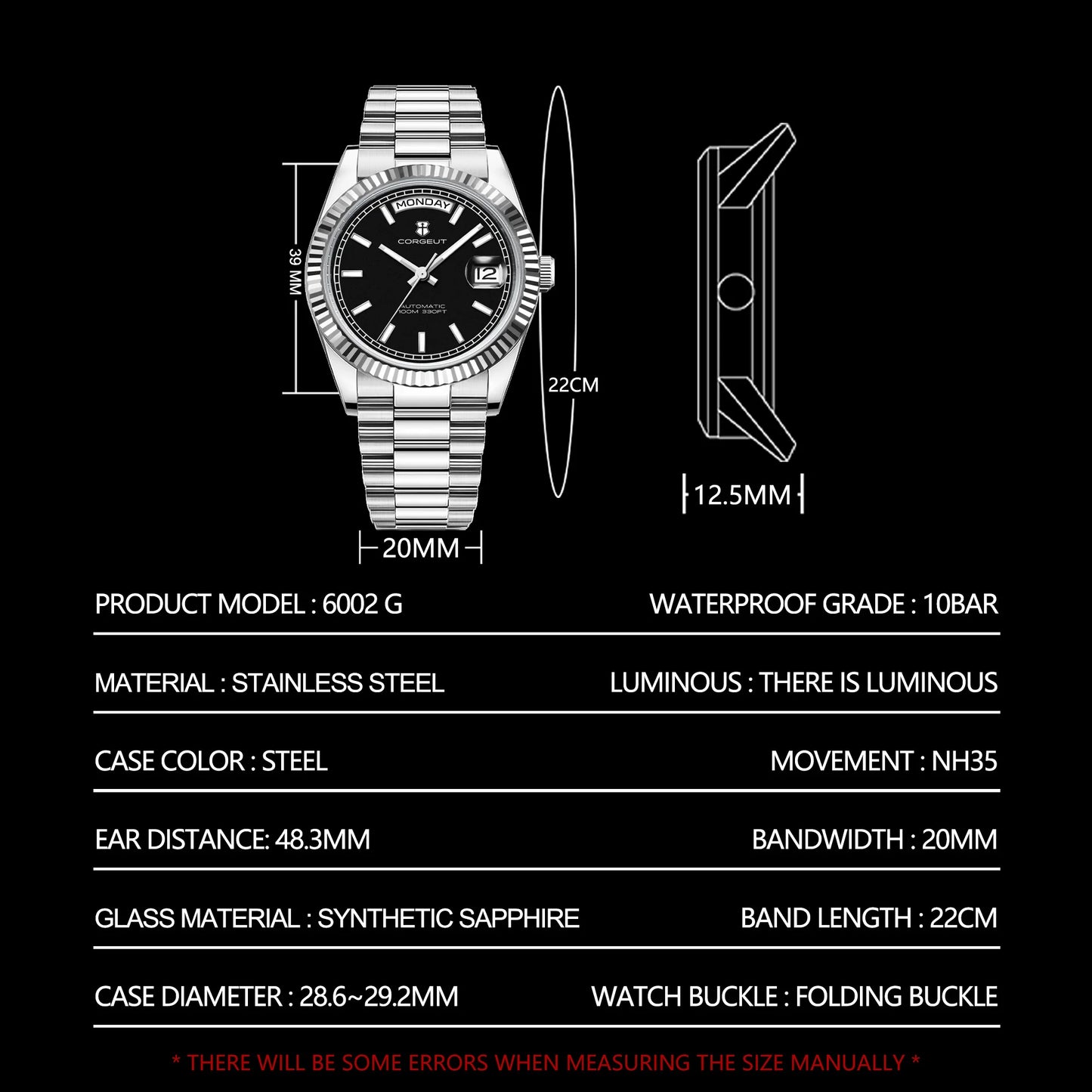 CORGEUT NH36 Mechanical Men's Watch Date of the Week Show President Chain Strap Steel Case Watch Threaded Arc Bezel waterp