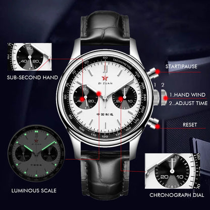 Red Star Panda Mens 1963 Chronograph Mechanical Wristwatch Seagull st1901 Movement Gooseneck 40mm Luminous Sapphire Pilot Watch