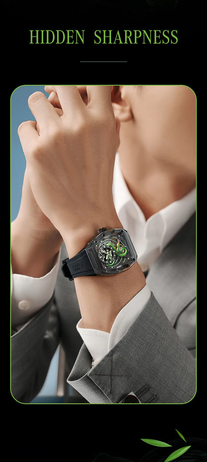 BONEST GATTI Men Mechanical Watch Sapphire Crystal Double Sided Hollow Out Luminous 30M Waterproof Snake Pattern Dial Wristwatch