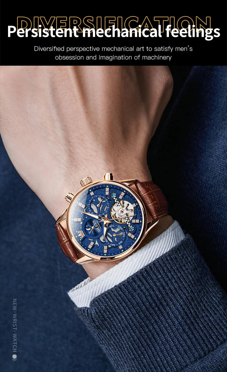 OLEVS 6658 Automatic Mechanical Watch for Man Leather Strap Waterproof Moon Phase Business Dress Men's Watches