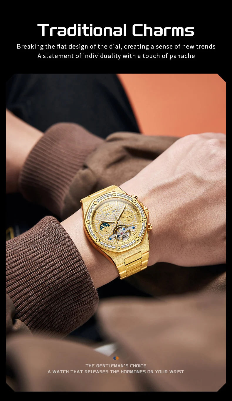 OLEVS Gold Steel Men's Watches Top Brand Automatic Mechanical Luxury Watch Sport Waterproof Tourbillon Wrist Watch Reloj Hombre