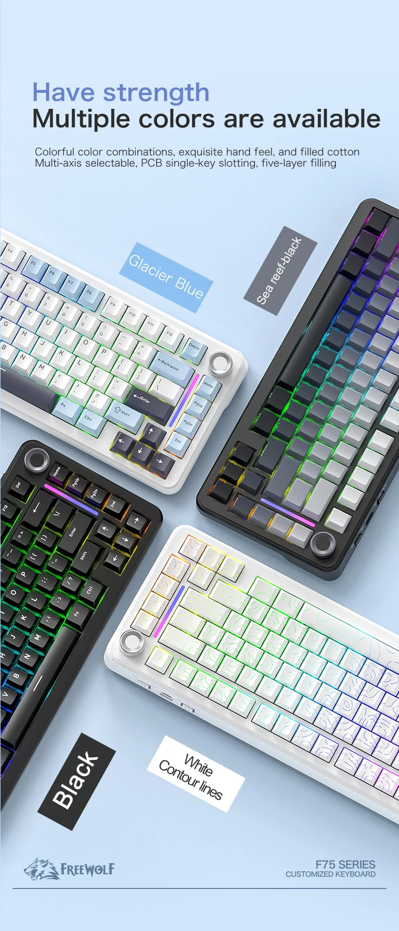 F75 Mechanical Keyboard FREEWOLF 81 Keys Layout Metal Knobs PBT Keycaps,Fully Hot-swappable Keys RGB Multi-color Backlighting