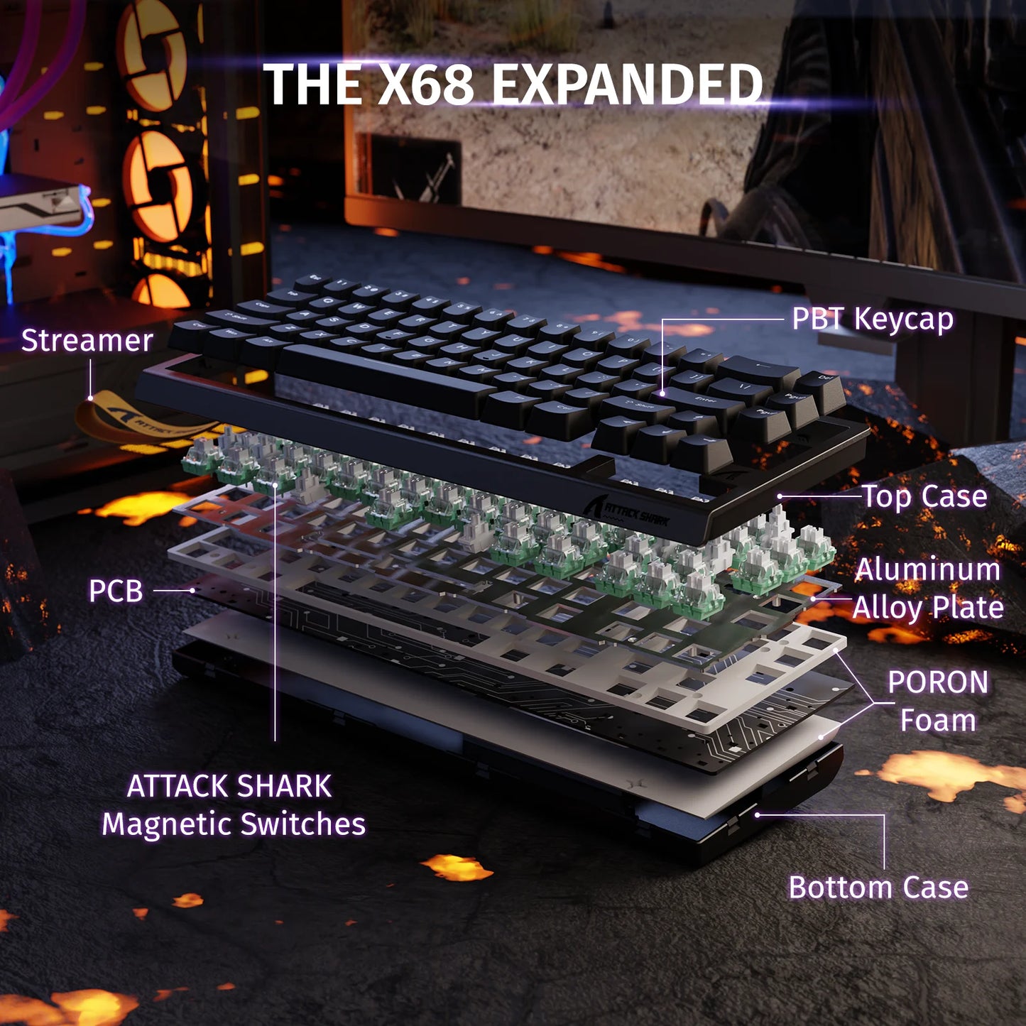 ATTACK SHARK X68 HE Rapid Trigger 8KHz Magnetic Keyboard, 0.01mm RT Accuracy, 60% Layout, RGB, Support RT/Snap Tap/DKS/MT/TGL