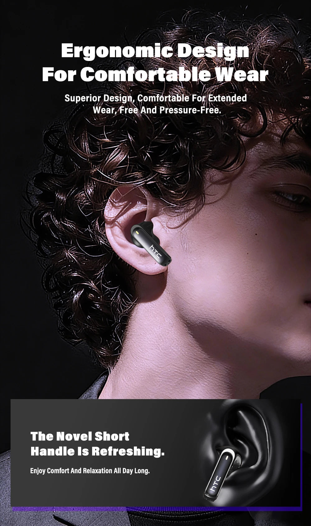 HTC NE70 Bluetooth Earphones Touch Screen TWS in-Ear Wireless Headphones AI Translator Noise Reduction Earbuds Game Heatset
