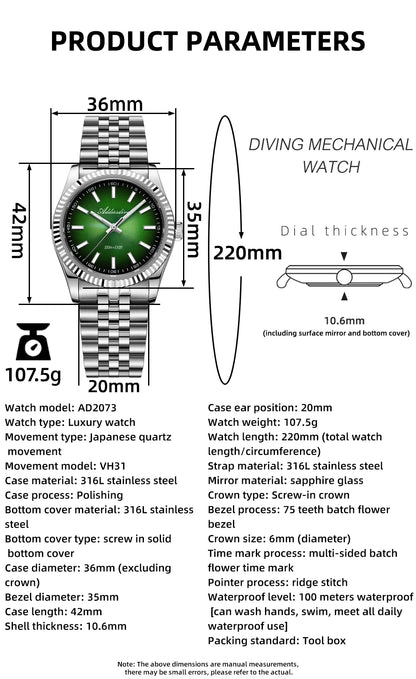 Orologio da uomo ADDIESDIVE AD2073 nuovo, vetro zaffiro, 36mm, VH31, quadrante sunburst, quarzo, impermeabile 10Bar, da immersione, luminoso