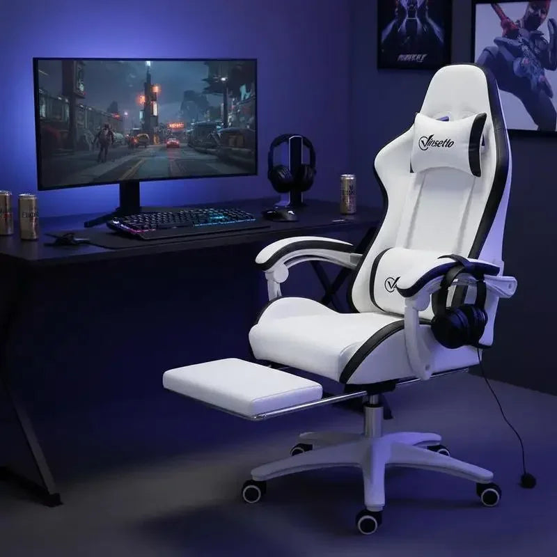 Leather Gaming Chair 135° Reclining with Retractable360° Swivel Height Ergonomic White Contrast Edge Office Chair 120KG Capacity