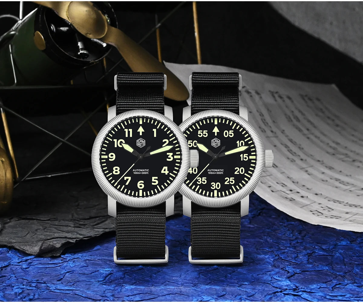 San Martin New 40mm Retro Pilot YN55 Automatic Mechanical Fashion Simple Style Men Wristwatch 100m Waterproof C3 Luminous SN0143