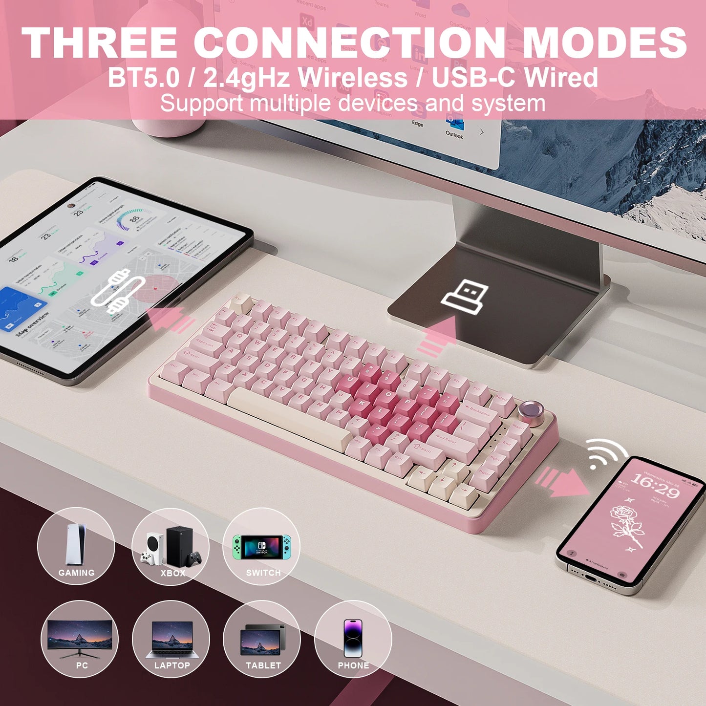 YUNZII B75 PRO Pink Mechanical Gaming Keyboard, Bluetooth/Wire/Wireless 75 Knob RGB Keyboard, Gasket Hot-Swap Custom Creamy Keeb