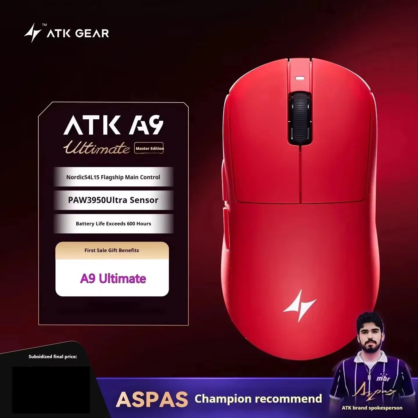 ATK A9 Wireless Gaming Mouse NearLink Technology Ergonomic PAW3395 Tri-Mode Bluetooth Low Latency Esports Mice PC