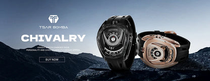 TSAR BOMBA Carbon Fiber Automatic Mechanical Watch for Men Waterproof Skeleton Mens Watches Top Brand Luxury Wristwatches
