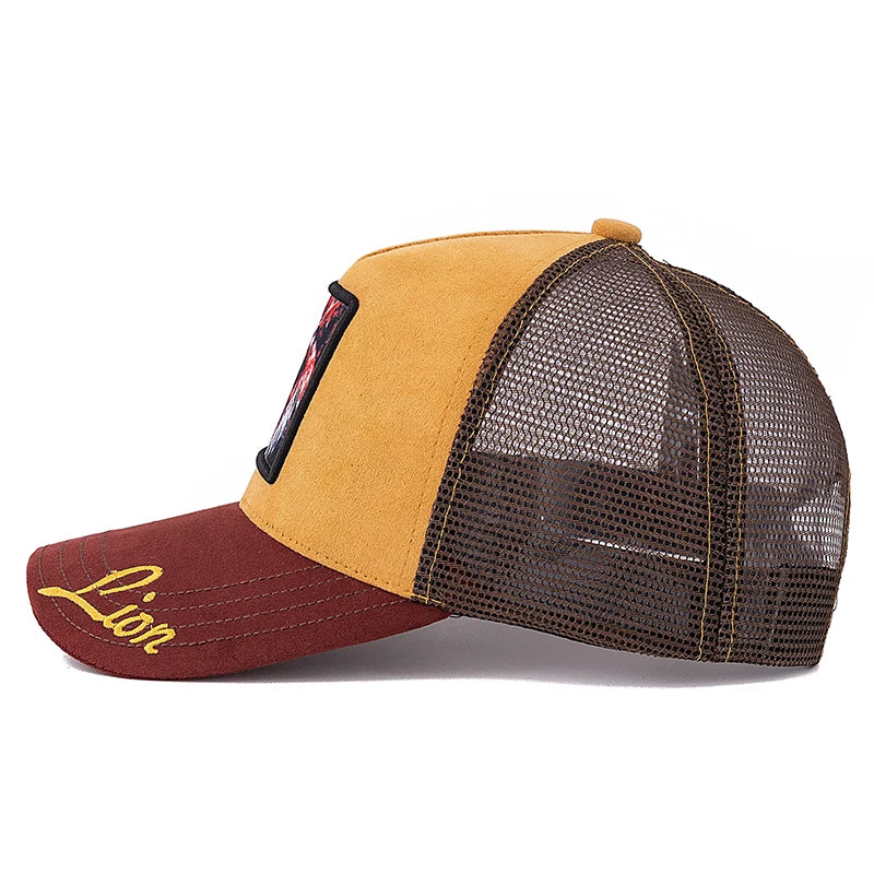 Hot Sale Unisex Mesh Cap Lion Pattern Patch Design Suede Hat Women And Men Summer Animal Baseball Cap Fashion Trucker Hat