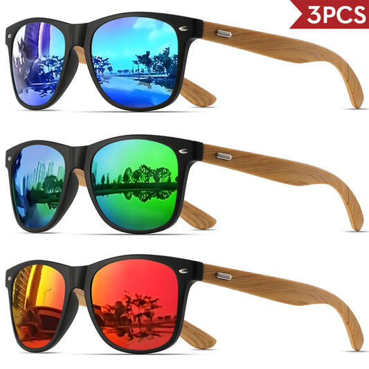 3PCS Bamboo Texture Square Sunglasses UV400, Fashion Unisex Classic - Lightweight for Casual Wear & Holidays