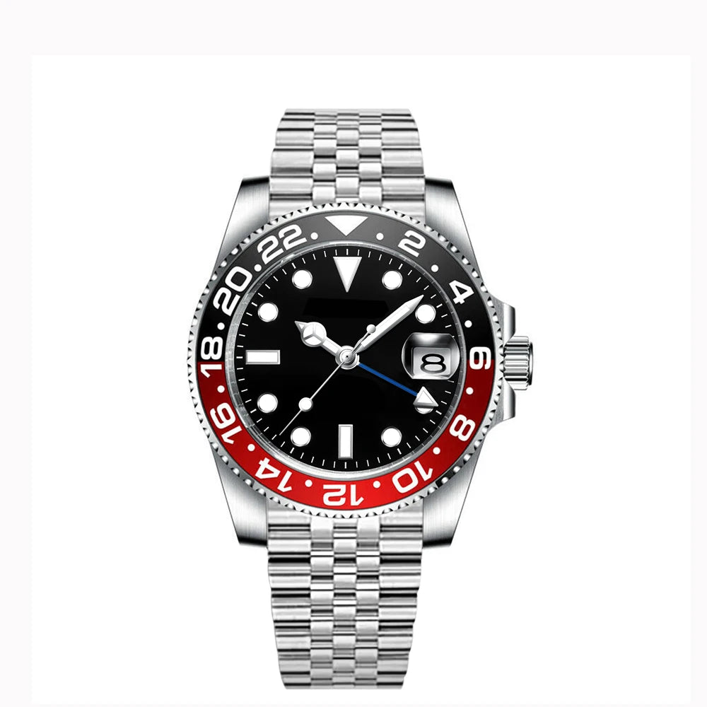 40MM Custom Logo New Men Quart Wristwatch Jubilee Stainless Quartz GMT Watch Sapphire Glass Men Watches Waterproof Luminous