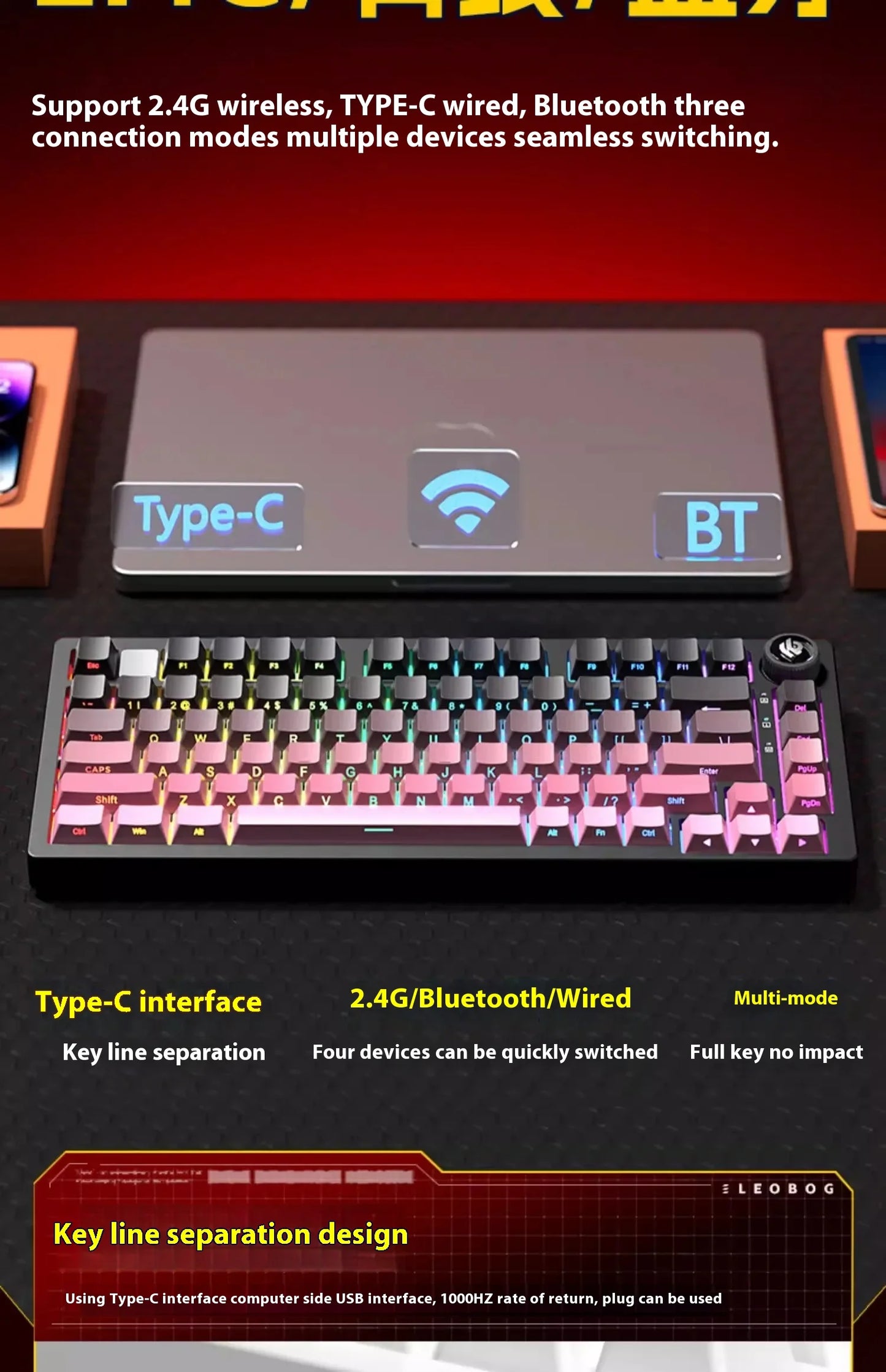 LEOBOG Hi75C Mechanical Wireless Keyboard Aluminium 3-Mode With Knob Hot Swap RGB Gasket Hi75C Gaming Keyboard Customization PC