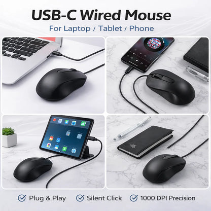 USB C Wired Mouse Silent Click 1000DPI Type-C Mouse For Laptop/Tablet/Phone Compatible with Mac/Windows/Android Plug and Play