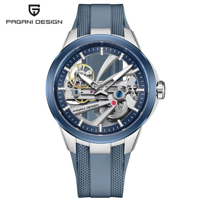 Herrklocka från PAGANI DESIGN – Mekanisk automatisk lyxmodell av typen ”skelett” (öppen mekanism), utrustad med en tourbillon, safirglas med antireflexbehandling, vattentät och självlysande.
