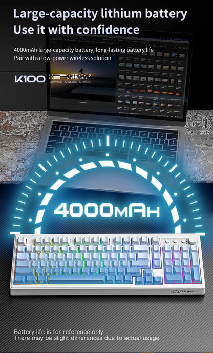 FREEWOLF K100 Wireless Keyboard Quiet with Media Knob|Side-print Backlit|4000mAh|26-Key Rollover Mechanical Feel Keyboard