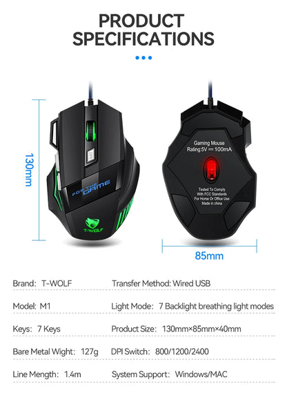 T-WOLF Wired Gaming Mouse 7-Button RGB Backlit Ergonomic Mechanical Mouse for PC Gamer