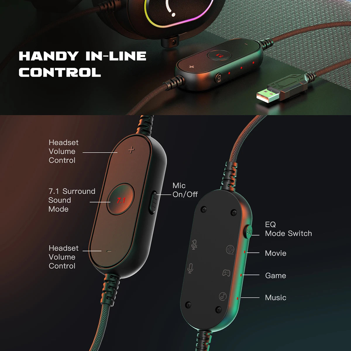 FIFINE RGB Gaming Headset with Mic – 7.1 Surround Sound Wired Over-Ear USB Headphones for PC, PS4, PS5, with EQ Modes & Noise Isolation