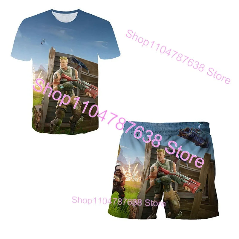 2PCS Suits F-Fortnite Victory 3D T-shirt Shorts Kids Tops Girls Boys Battle Royale Clothes Harajuku Tees Hero Children T-Shirt