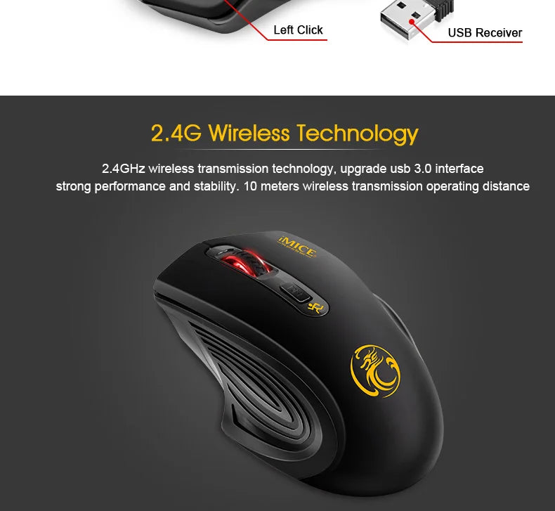 New Wireless Mouse 2000DPI Adjustable USB 3.0 Receiver Optical Computer Mouse 2.4GHz Gaming Mice Ergonomic Design For Laptop