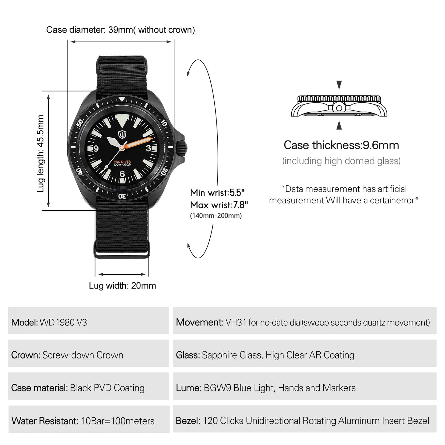 Watchdives WD1980 V3 Quartz Watch 100m Waterproof BGW9 Luminous Nylon Strap Watch Sapphire VH31 Movement Men Watch with Gift Box