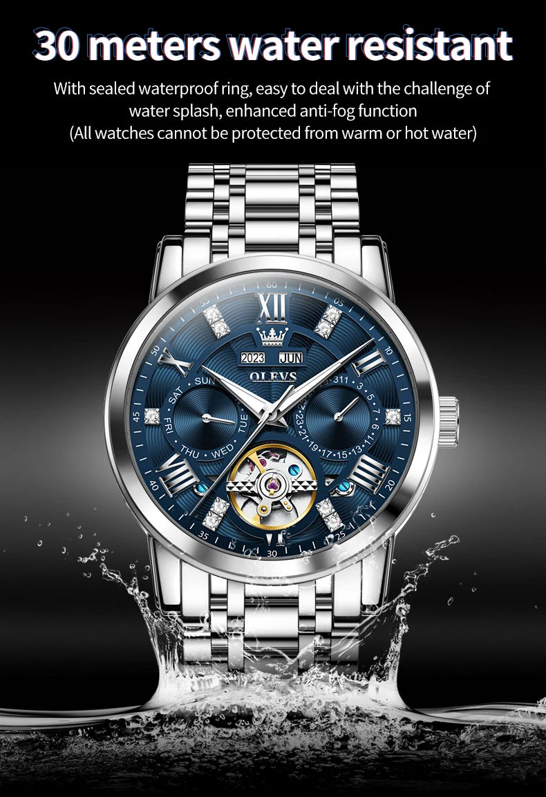 OLEVS Men's Watches Skeketon Flywheel Automatic Mechanical Original Wristwatch for Man Waterproof Luminous Perpetual Calendar
