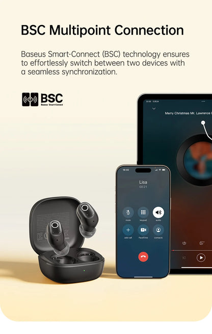 Baseus Bass BD1 Wireless Earphones Bluetooth 5.4 Mini Bean Earbuds 38H Playtime IP55 Waterproof Sports Headphones