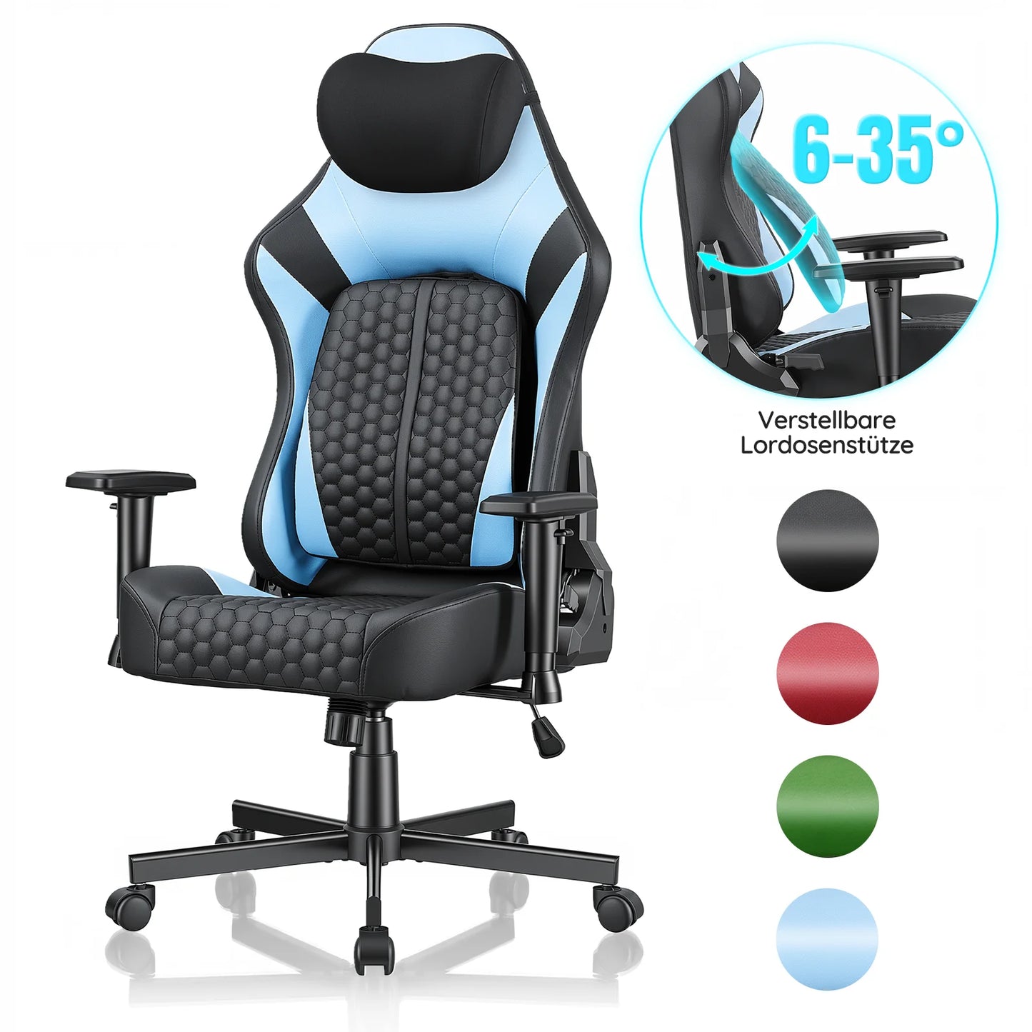 Devoko Gaming chair with 6-35 ° adjustable lumbarrest, thickened and wide seat cushion, ergonomic desk chair