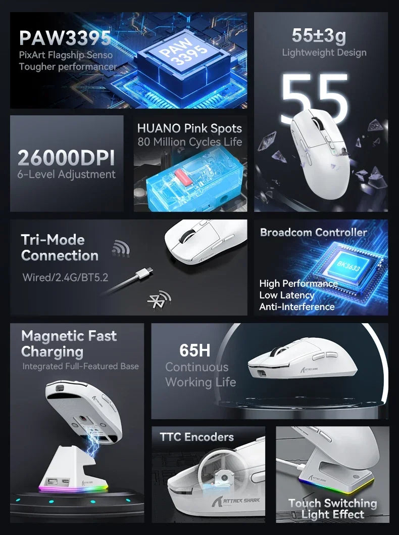 Attack Shark X6 Lightweight Wireless Gaming Mouse with 3 Mode Up to 26K DPI RGB Backlight Charging Base for Laptop Deskbtop
