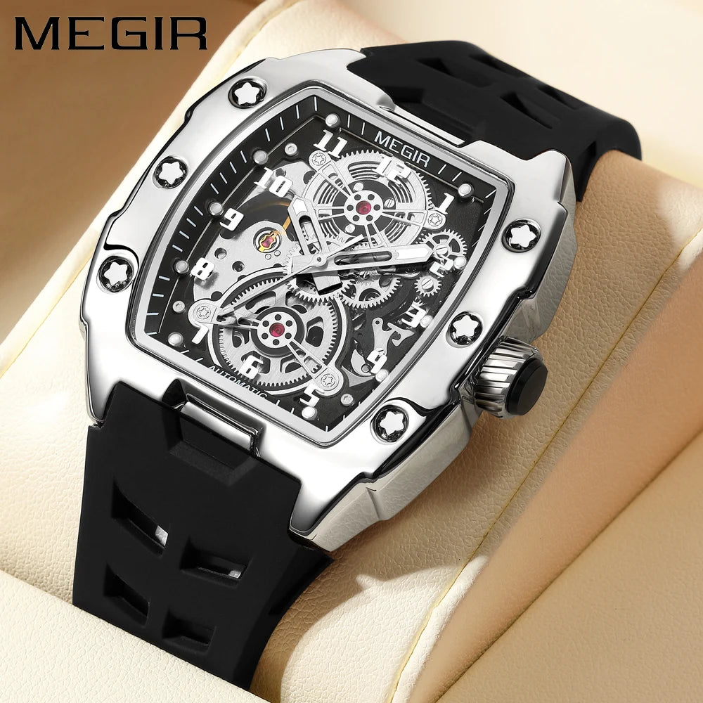 MEGIR Fashion Sport Alloy Case Men Mechanics Watch Waterproof Silicone Band Barrel Shaped Dial Luminous Pointer Man Wristwatches